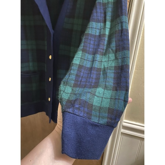 Vintage Eccotoo Navy Green Plaid Button Up Cardigan Collared Gold Buttons 1X - Picture 9 of 16